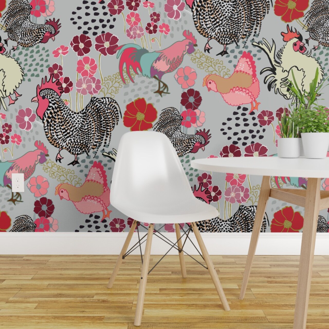 Peel & Stick Wallpaper 2FT Wide Rooster Parade Barnyard Chickens Farm Birds Floral Print Roosters Fowl Pink Custom Removable Wallpaper by Spoonflower